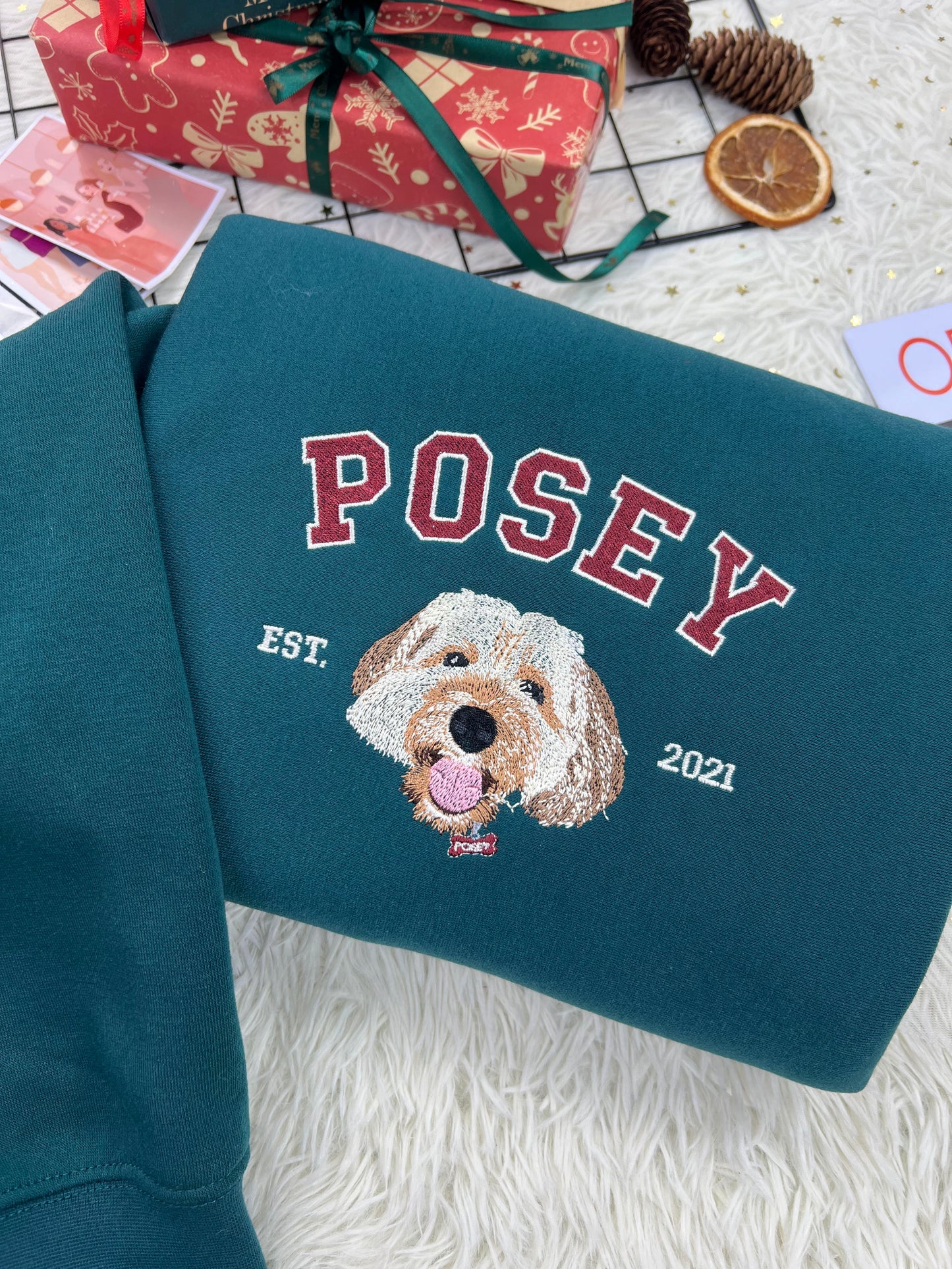 Custom Embroidered Sweatshirt with "POSEY" Pet Portrait