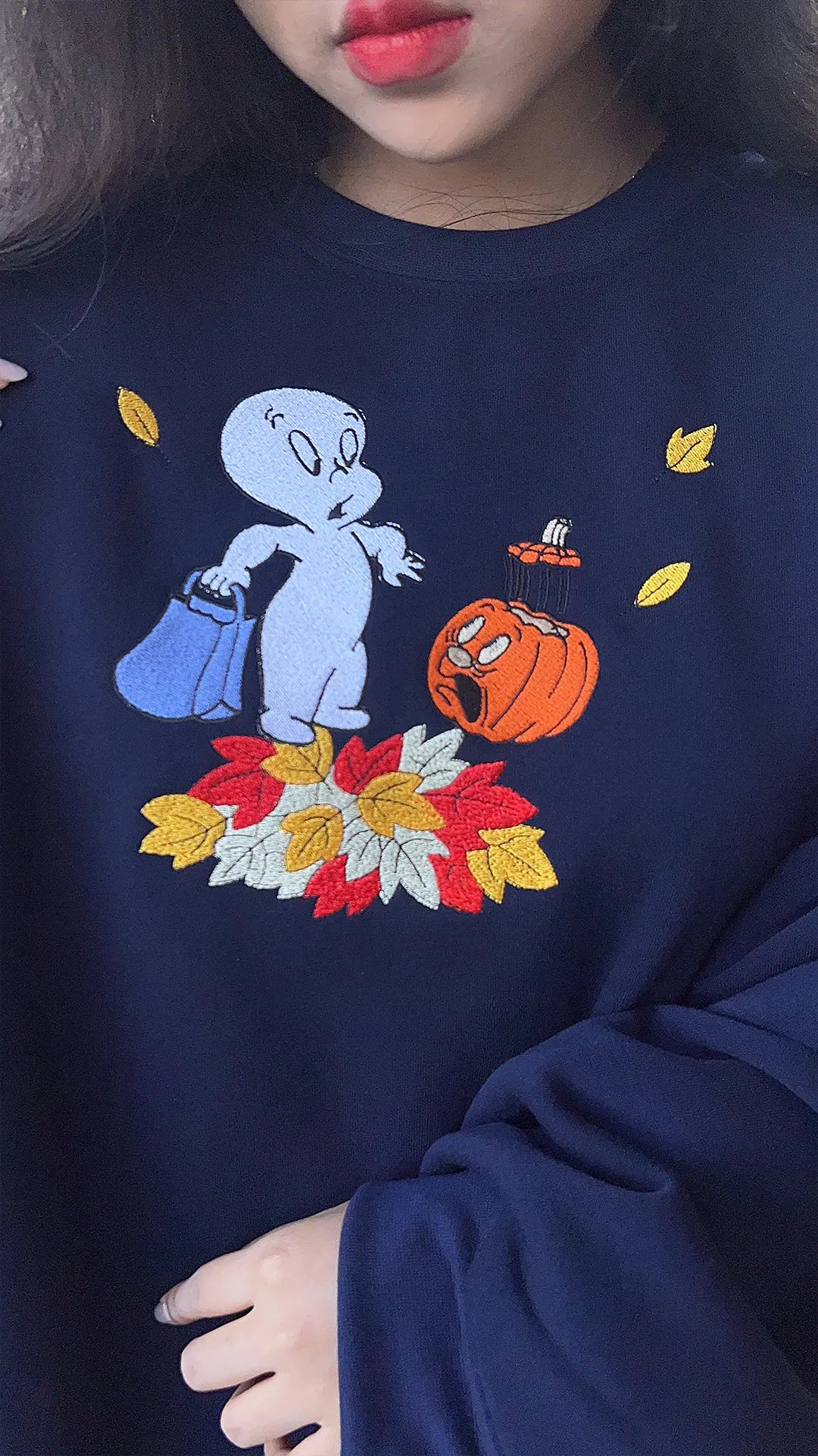 Cute Spooky Pumpkin Embroidery Sweatshirt – Autumn Halloween Merch