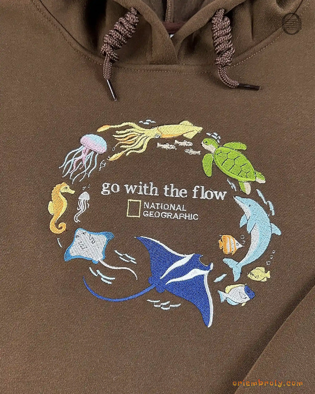 Go With The Flow Marine Life Sea Turtle Dolphin Embroidered Navy Sweatshirt