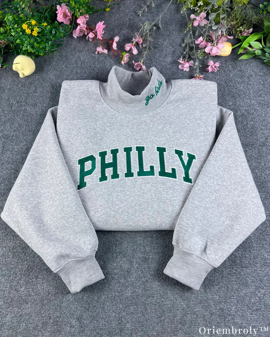 Philly Game Day Varsity Applique Embroidered Light Grey Mock Neck Sweatshirt