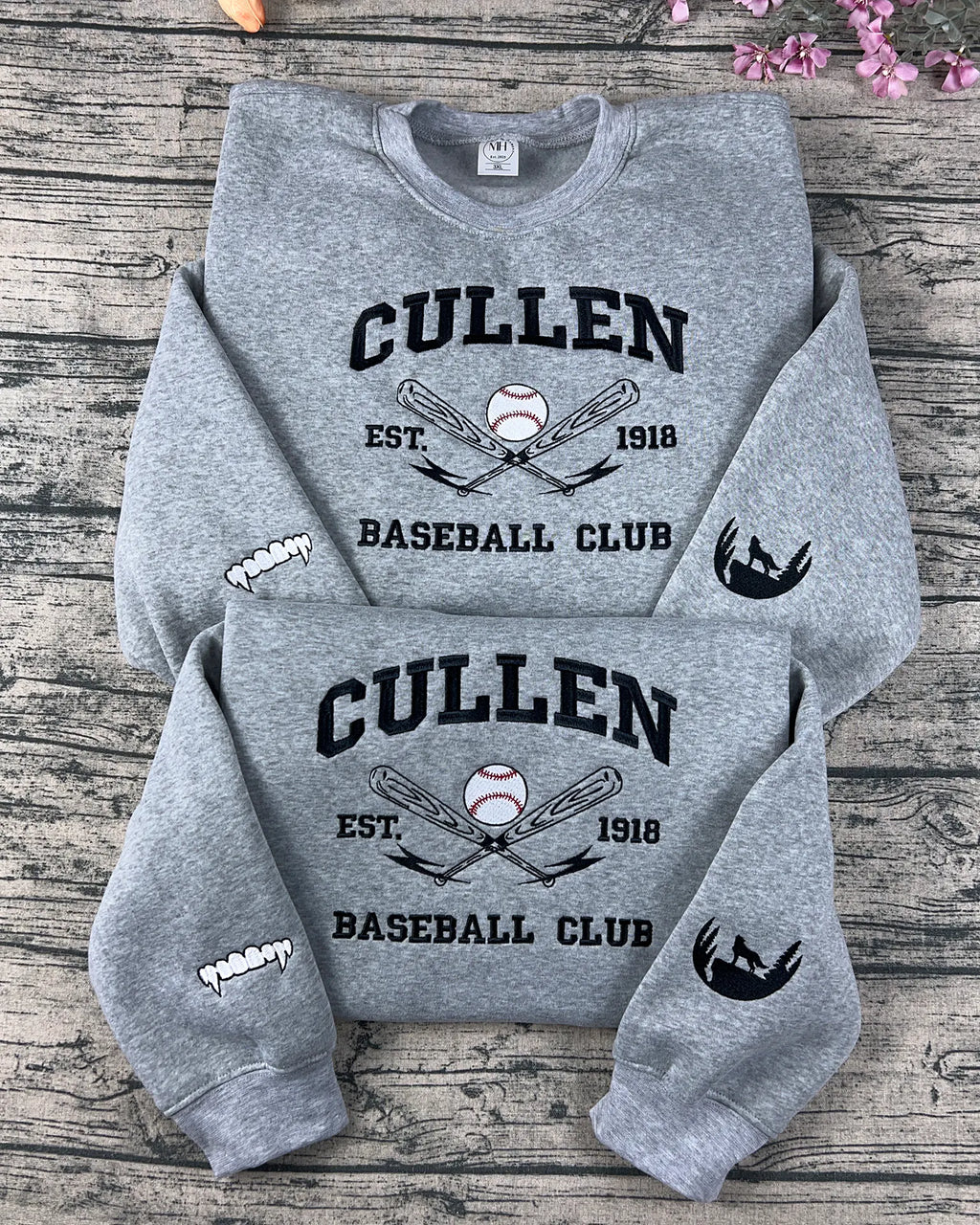 Cullen Baseball Embroidered Sweatshirt | Twilight Inspired Vampire Sweatshirt | Team Edward, Team Jacob | Vampire Fang Sleeve Detail