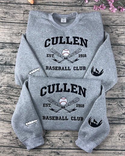 Cullen Baseball Embroidered Sweatshirt | Twilight Inspired Vampire Sweatshirt | Team Edward, Team Jacob | Vampire Fang Sleeve Detail
