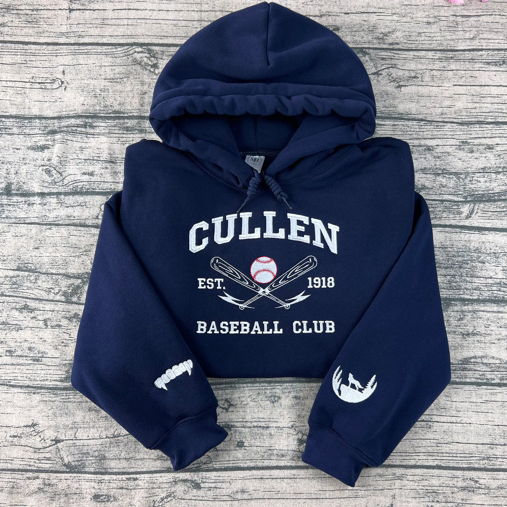 Cullen Baseball Embroidered Sweatshirt | Twilight Inspired Vampire Sweatshirt | Team Edward, Team Jacob | Vampire Fang Sleeve Detail