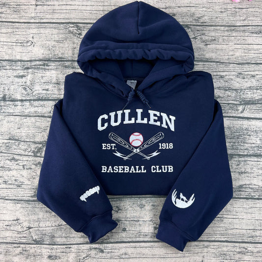 Cullen Baseball Embroidered Sweatshirt | Twilight Inspired Vampire Sweatshirt | Team Edward, Team Jacob | Vampire Fang Sleeve Detail