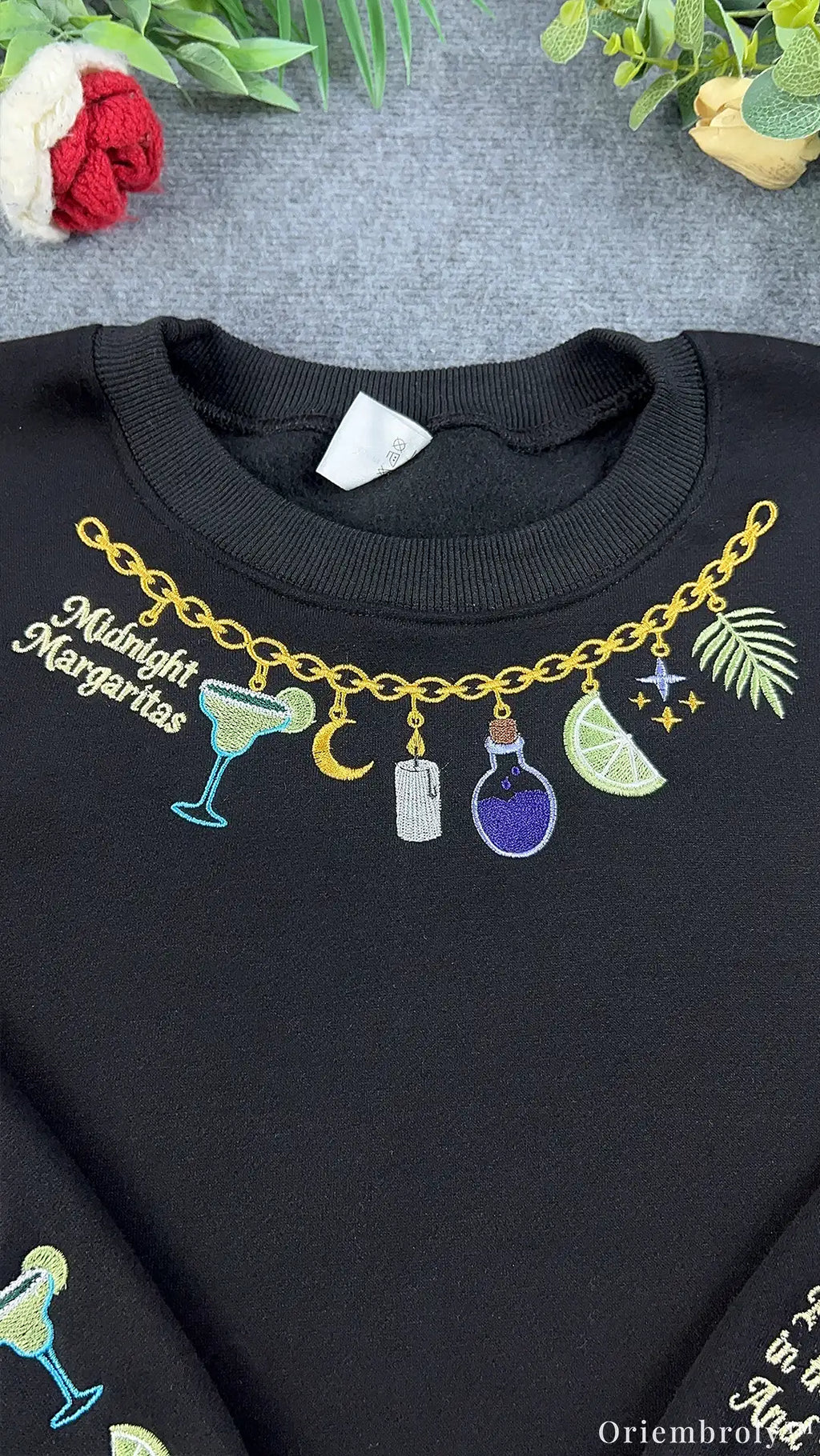 Midnight Margaritas Magic Charm Necklace Embroidered Black Sweatshirt