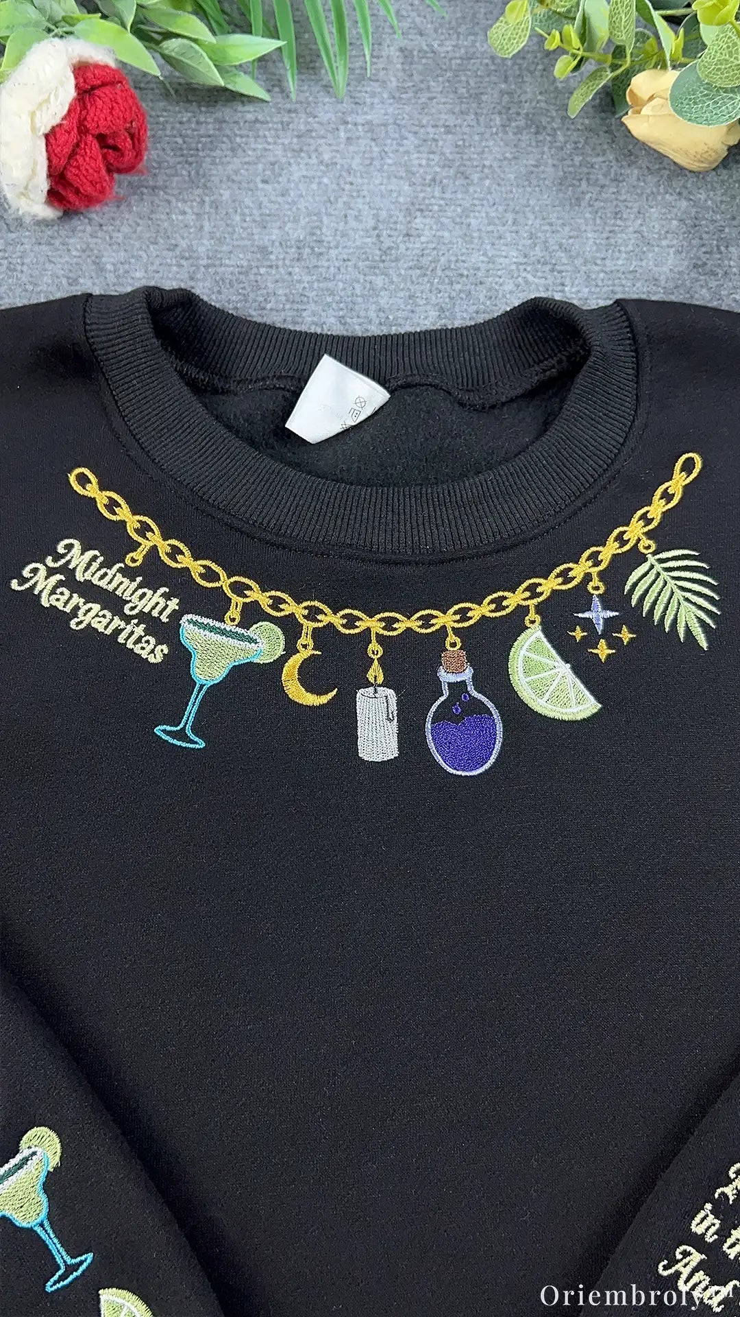 Midnight Margaritas Magic Charm Necklace Embroidered Black Sweatshirt