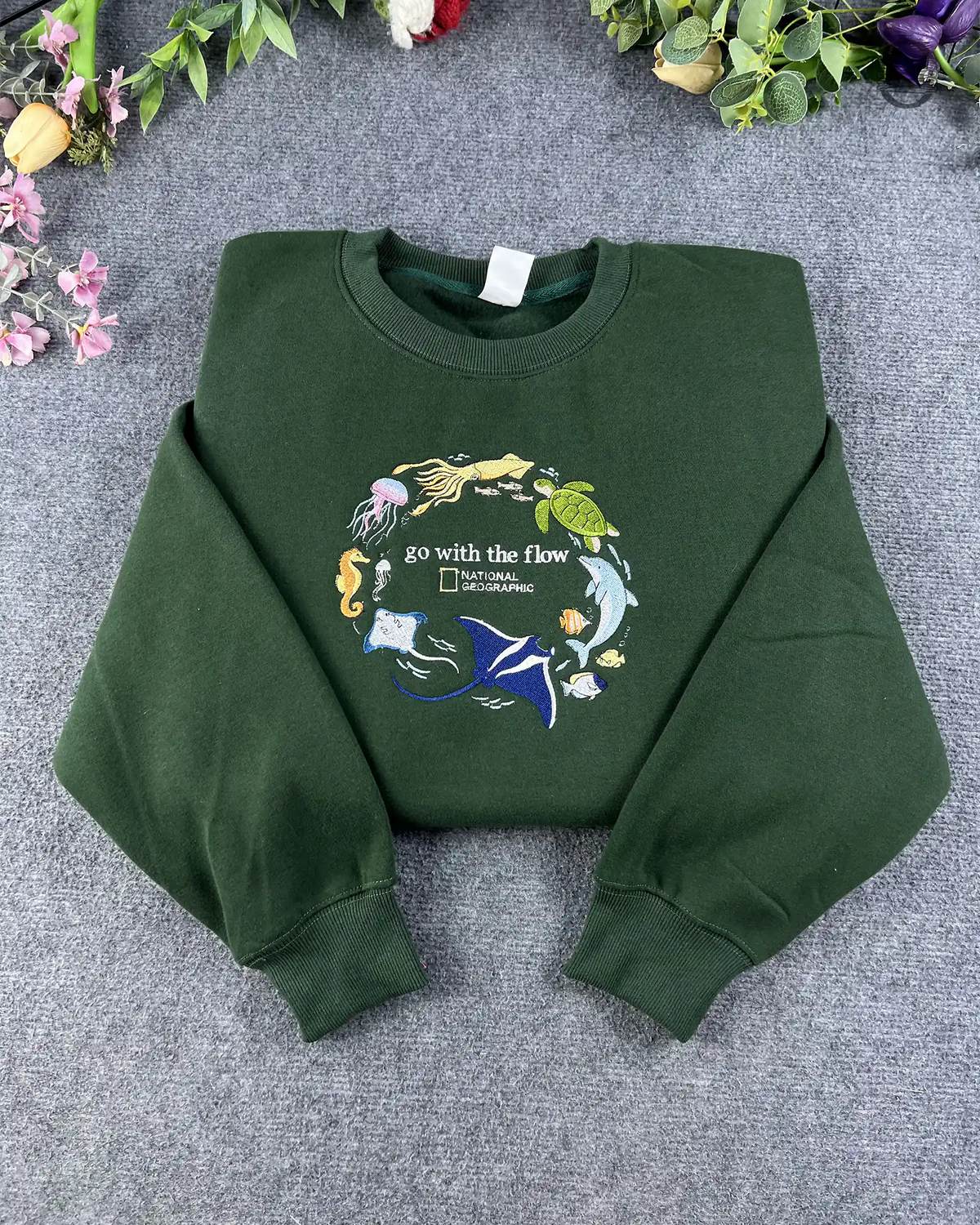 Go With The Flow Marine Life Sea Turtle Dolphin Embroidered Navy Sweatshirt