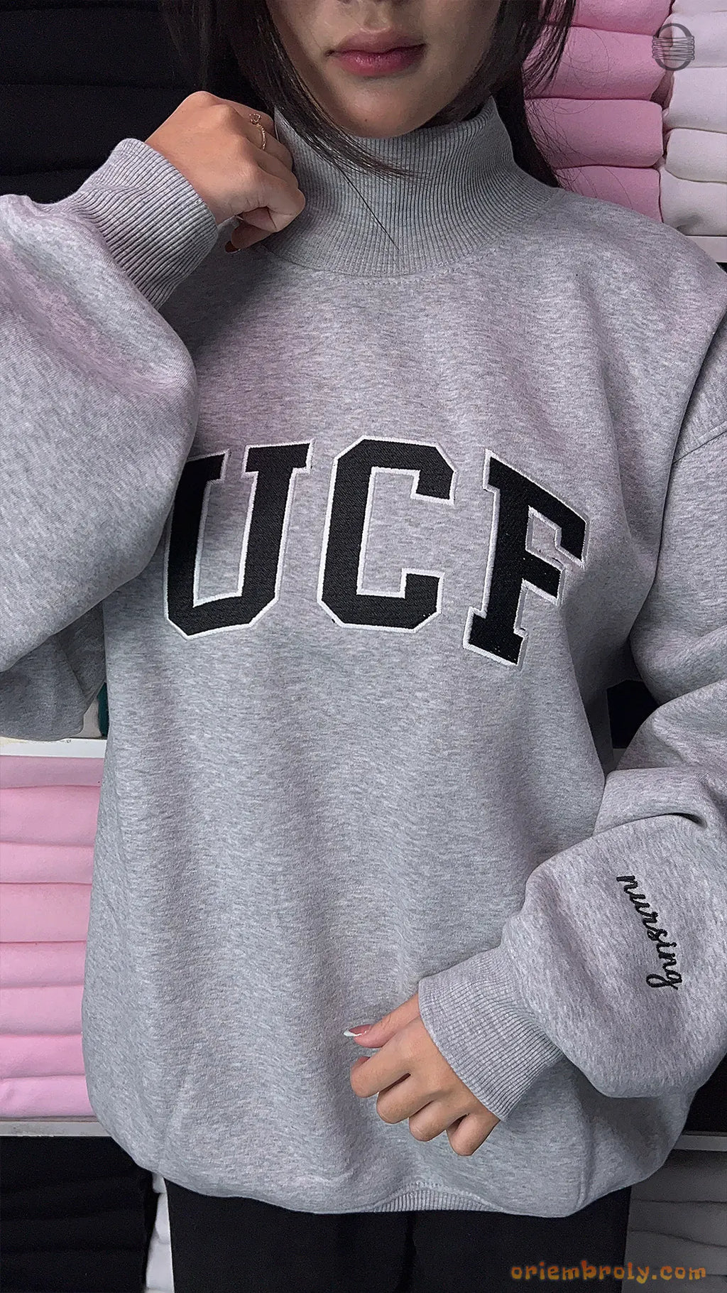 Custom Arched Varsity Collegiate Embroidered Oversized Mock Neck Sweatshirt