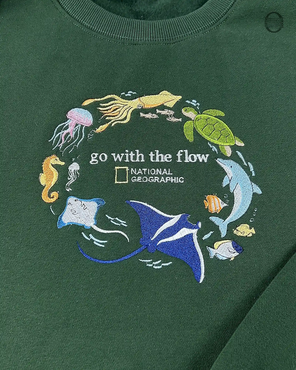 Go With The Flow Marine Life Sea Turtle Dolphin Embroidered Navy Sweatshirt