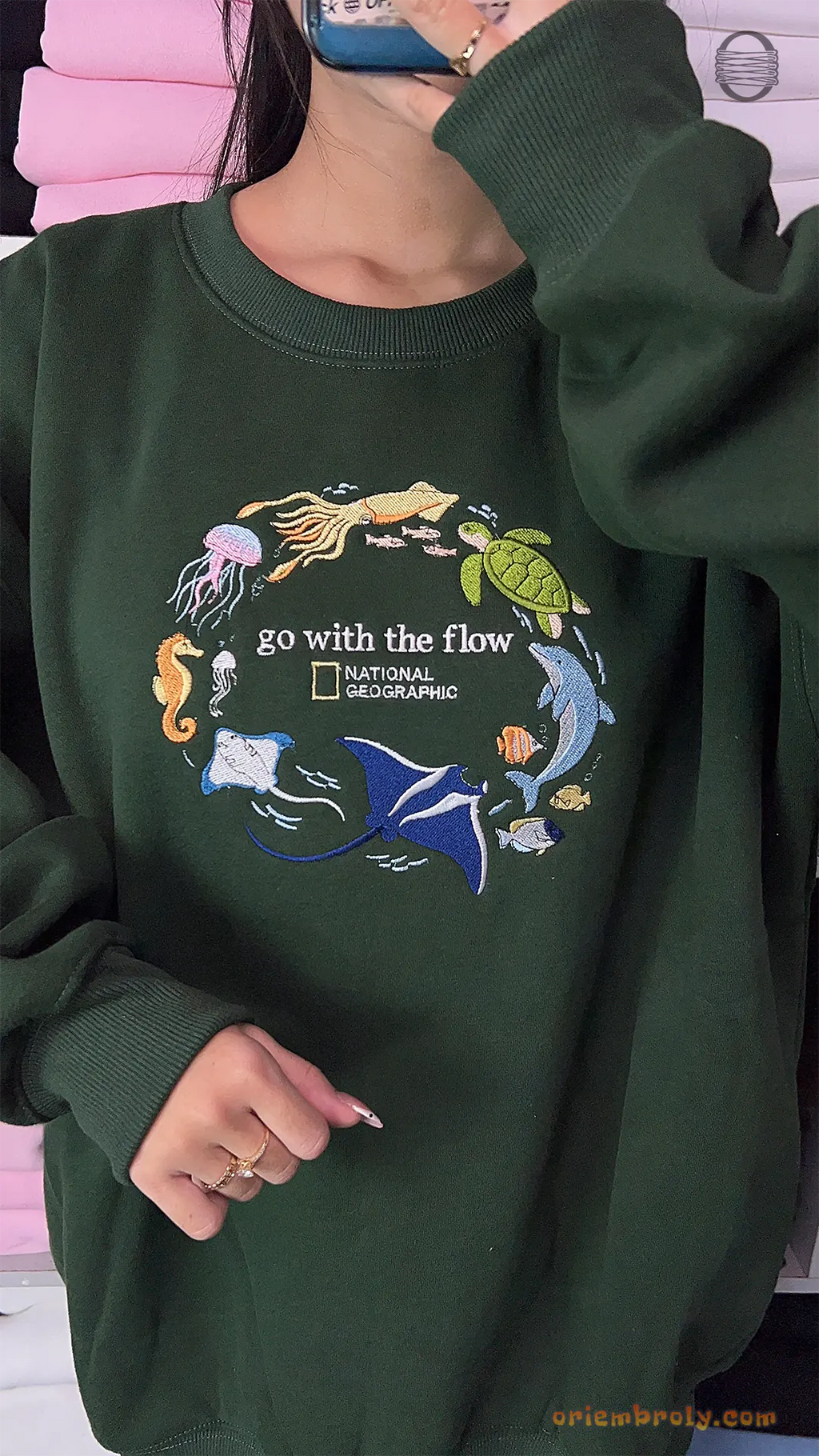 Go With The Flow Marine Life Sea Turtle Dolphin Embroidered Navy Sweatshirt