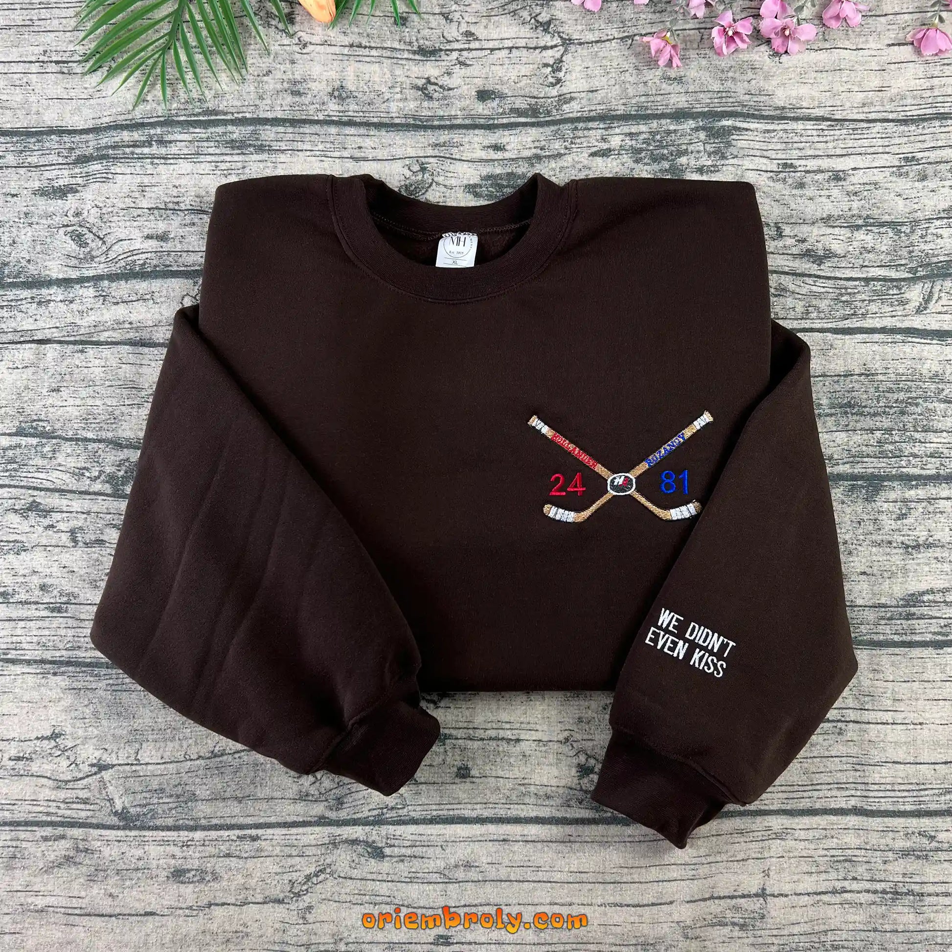 24 and 81 hockey sticks embroidered crewneck sweatshirt