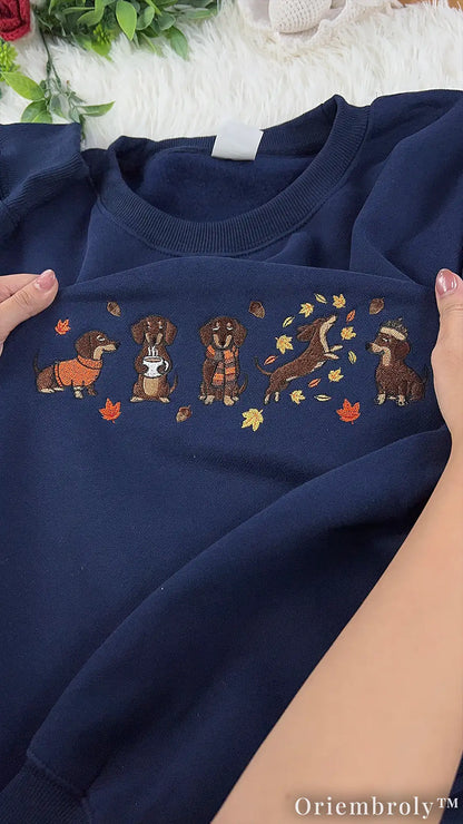 Cozy Dachshund Embroidered Sweatshirt – Autumn Wiener Dog Unisex Fleece Crewneck