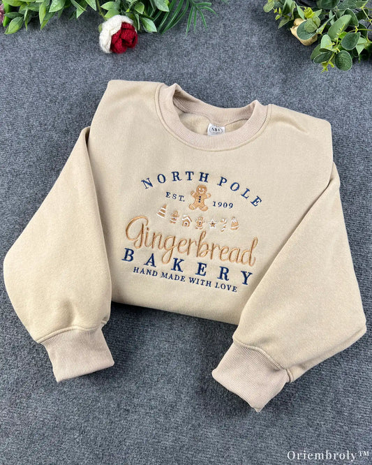 North Pole Gingerbread Bakery Holiday Embroidered Beige Crewneck Sweatshirt