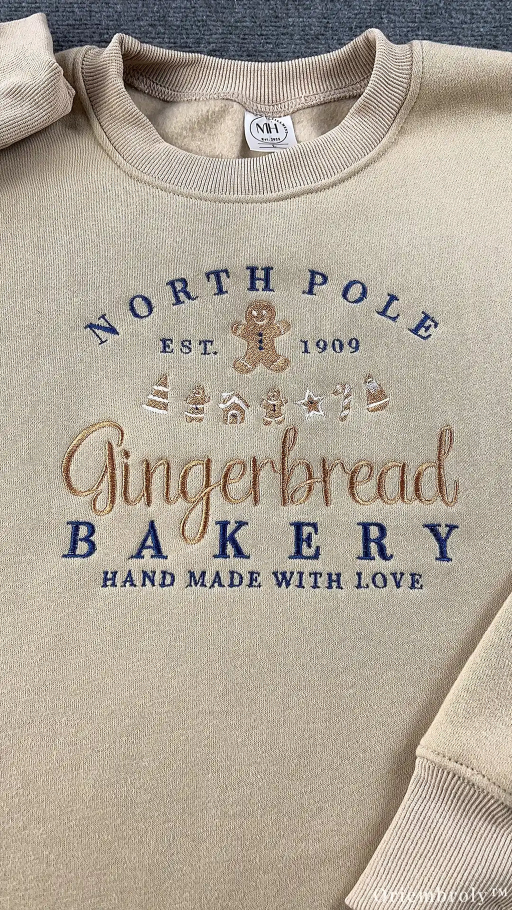 North Pole Gingerbread Bakery Holiday Embroidered Beige Crewneck Sweatshirt
