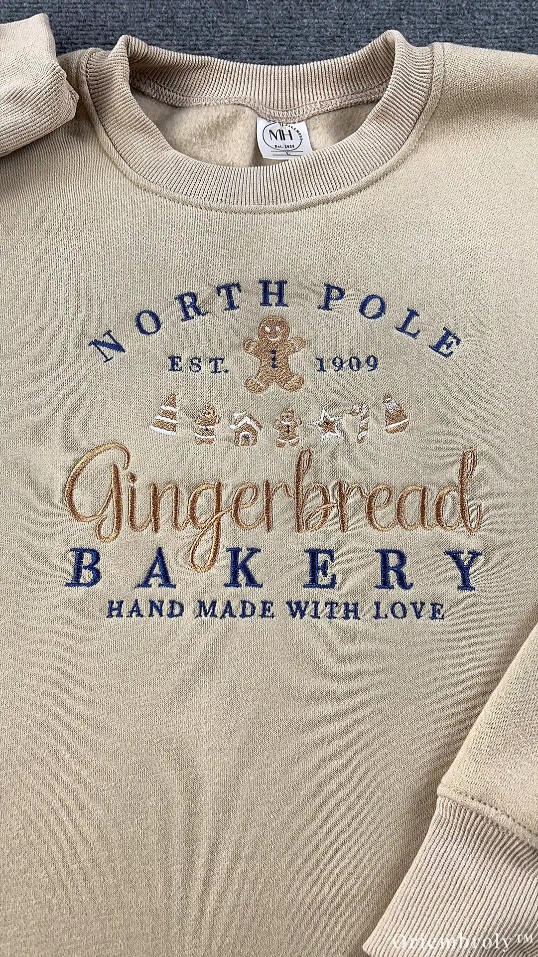 North Pole Gingerbread Bakery Holiday Embroidered Beige Crewneck Sweatshirt