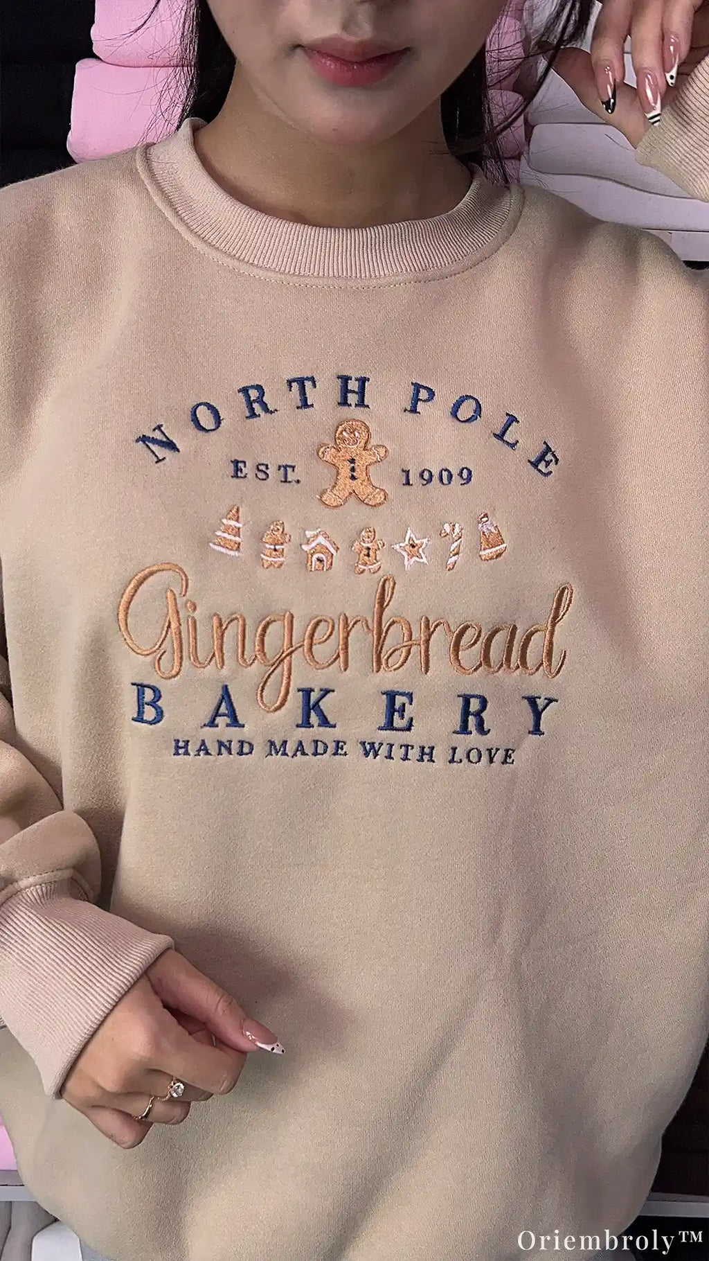 North Pole Gingerbread Bakery Holiday Embroidered Beige Crewneck Sweatshirt