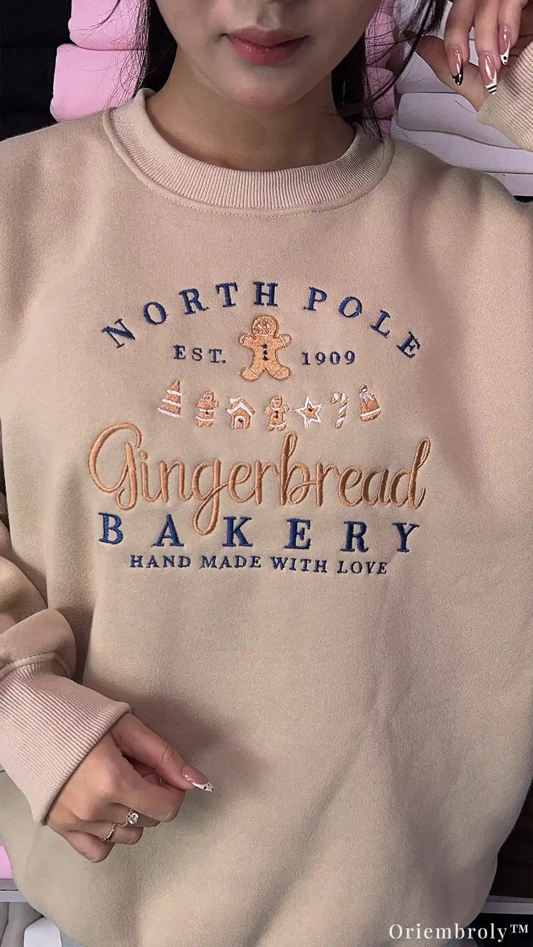 North Pole Gingerbread Bakery Holiday Embroidered Beige Crewneck Sweatshirt