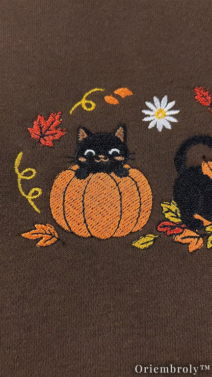 Spooky Season Black Cat Embroidered Sweatshirt – Cozy Fall Crewneck