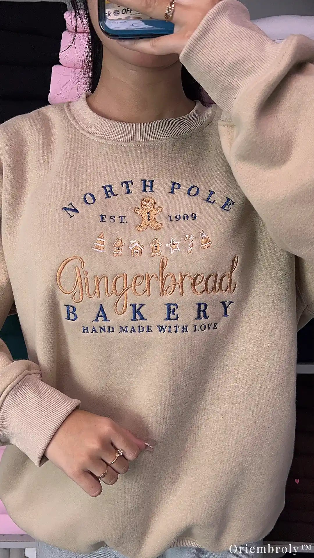 North Pole Gingerbread Bakery Holiday Embroidered Beige Crewneck Sweatshirt