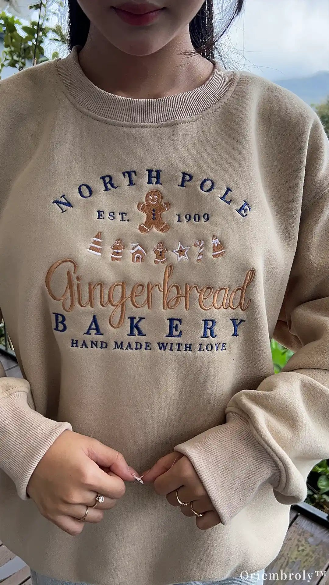 North Pole Gingerbread Bakery Holiday Embroidered Beige Crewneck Sweatshirt