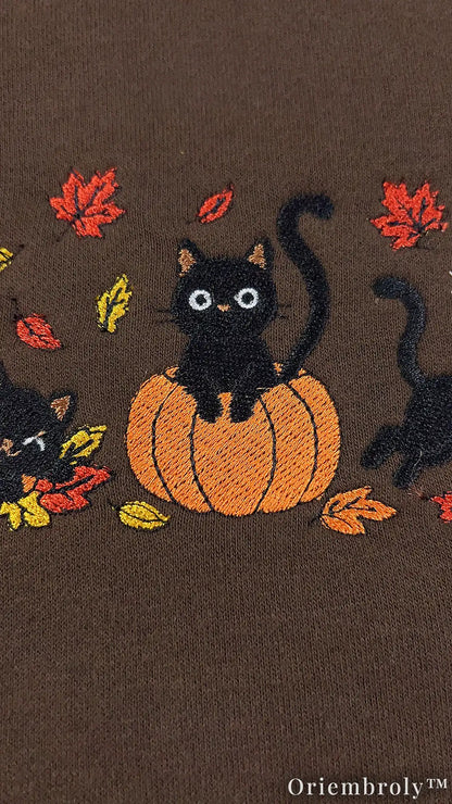 Spooky Season Black Cat Embroidered Sweatshirt – Cozy Fall Crewneck