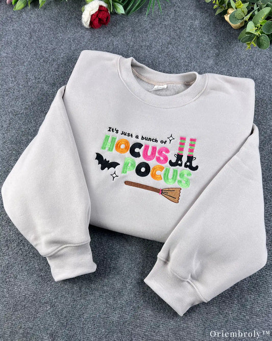 Bunch Of Hocus Pocus Witch Broom Embroidered Light Grey Sweatshirt