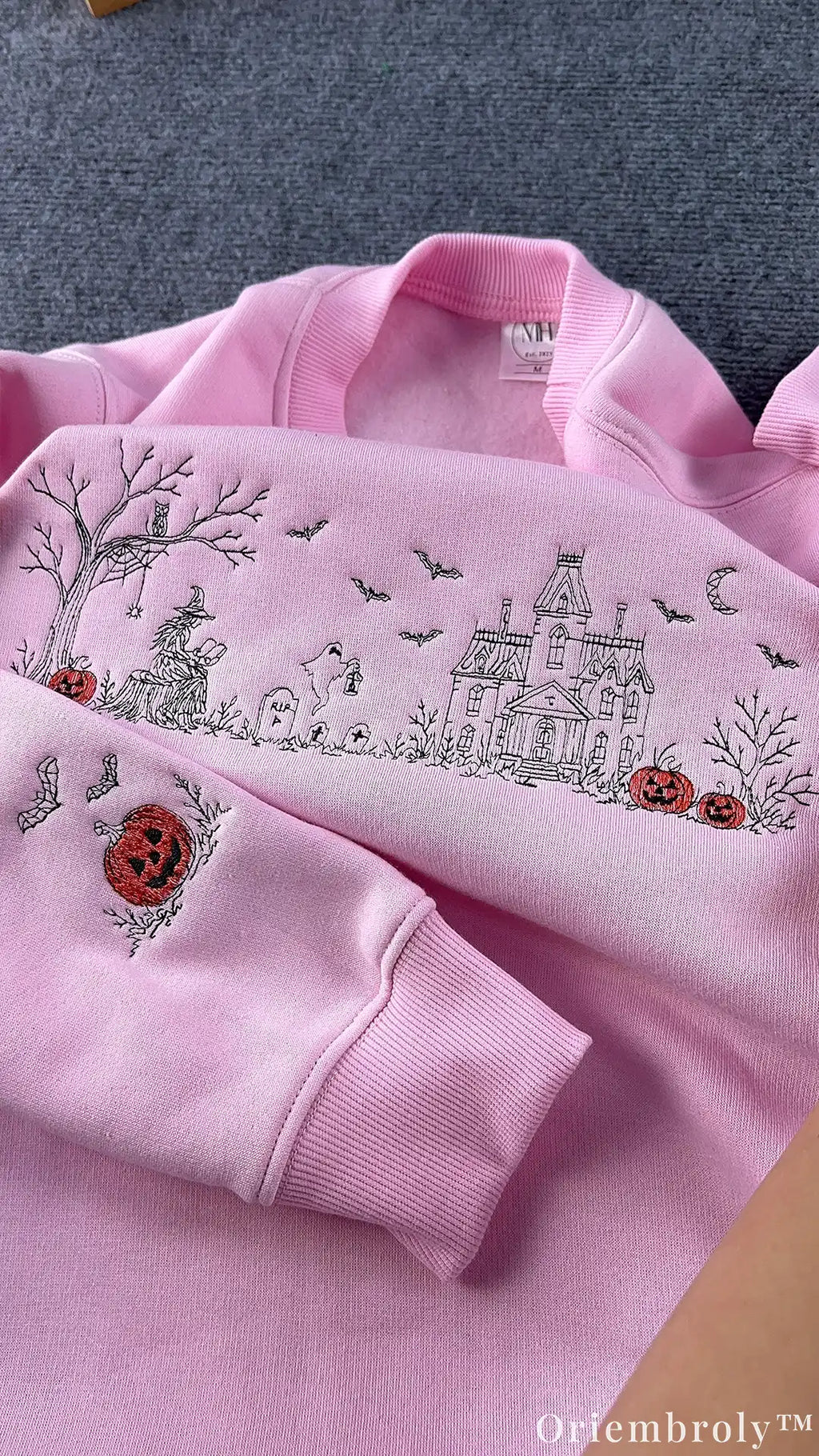 Halloween Village Embroidered Sweatshirt – Witch & Pumpkin Crewneck