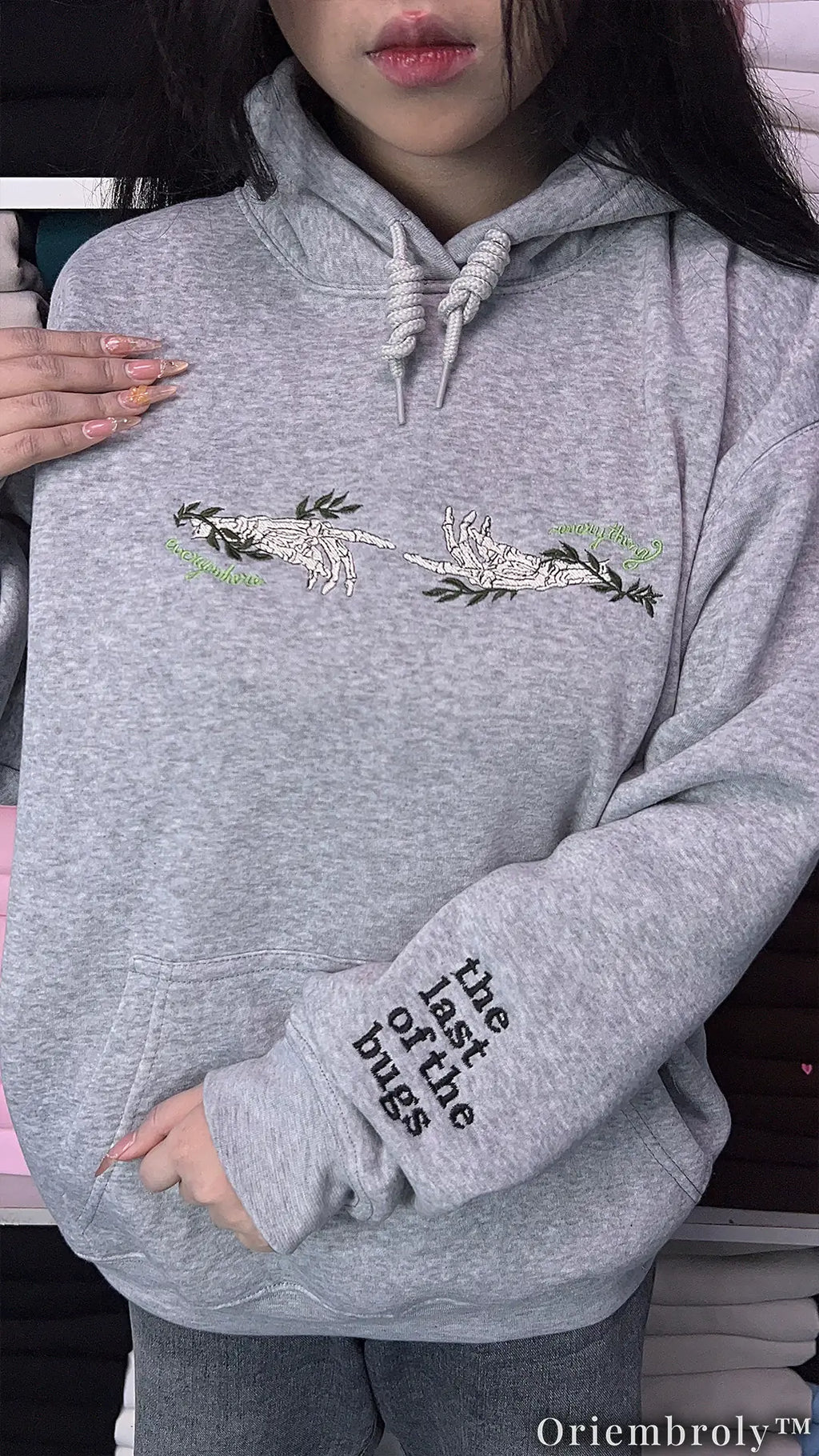Skeleton Hands & Moth Embroidered Hoodie – Dark Academia Botanical Gothic Fleece Sweatshirt, Vintage Nature Aesthetic Unisex Gift