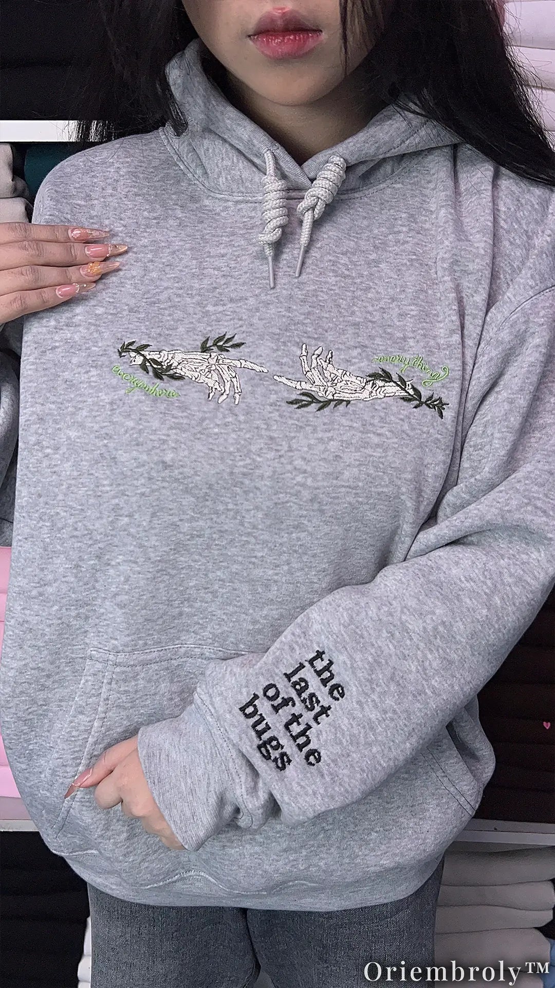 Skeleton Hands & Moth Embroidered Hoodie – Dark Academia Botanical Gothic Fleece Sweatshirt, Vintage Nature Aesthetic Unisex Gift