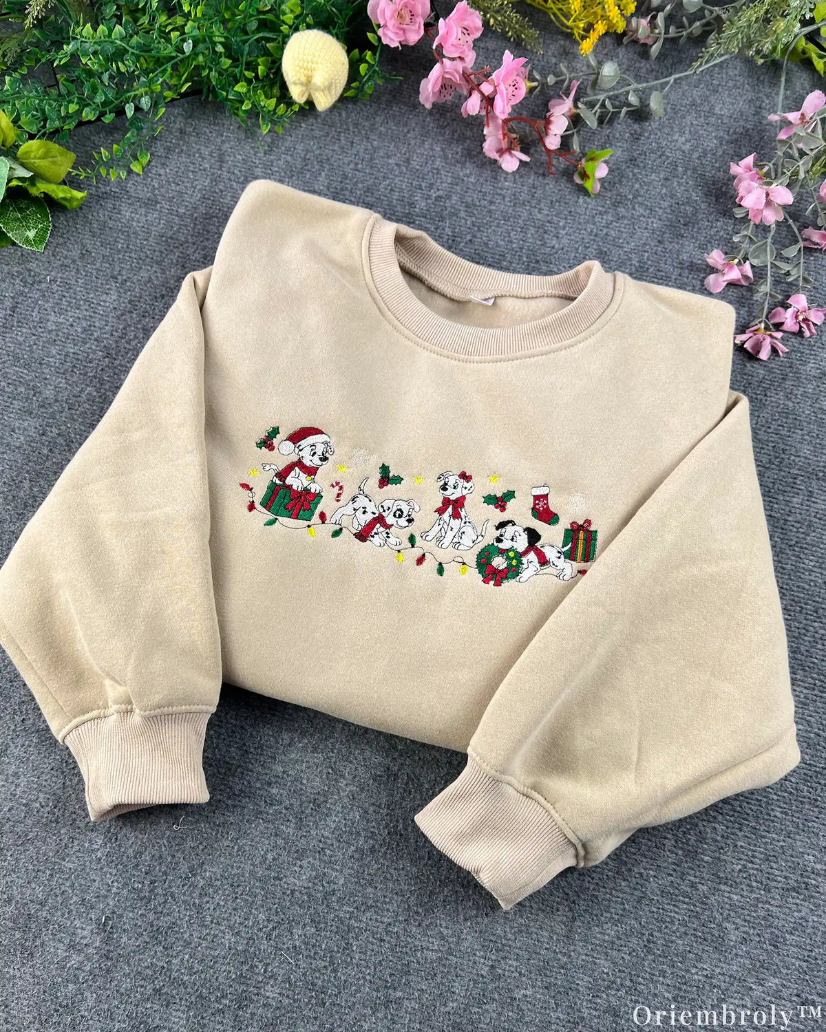 Festive Dalmatian Puppies Santa Hats Christmas Embroidered Crewneck Sweatshirt