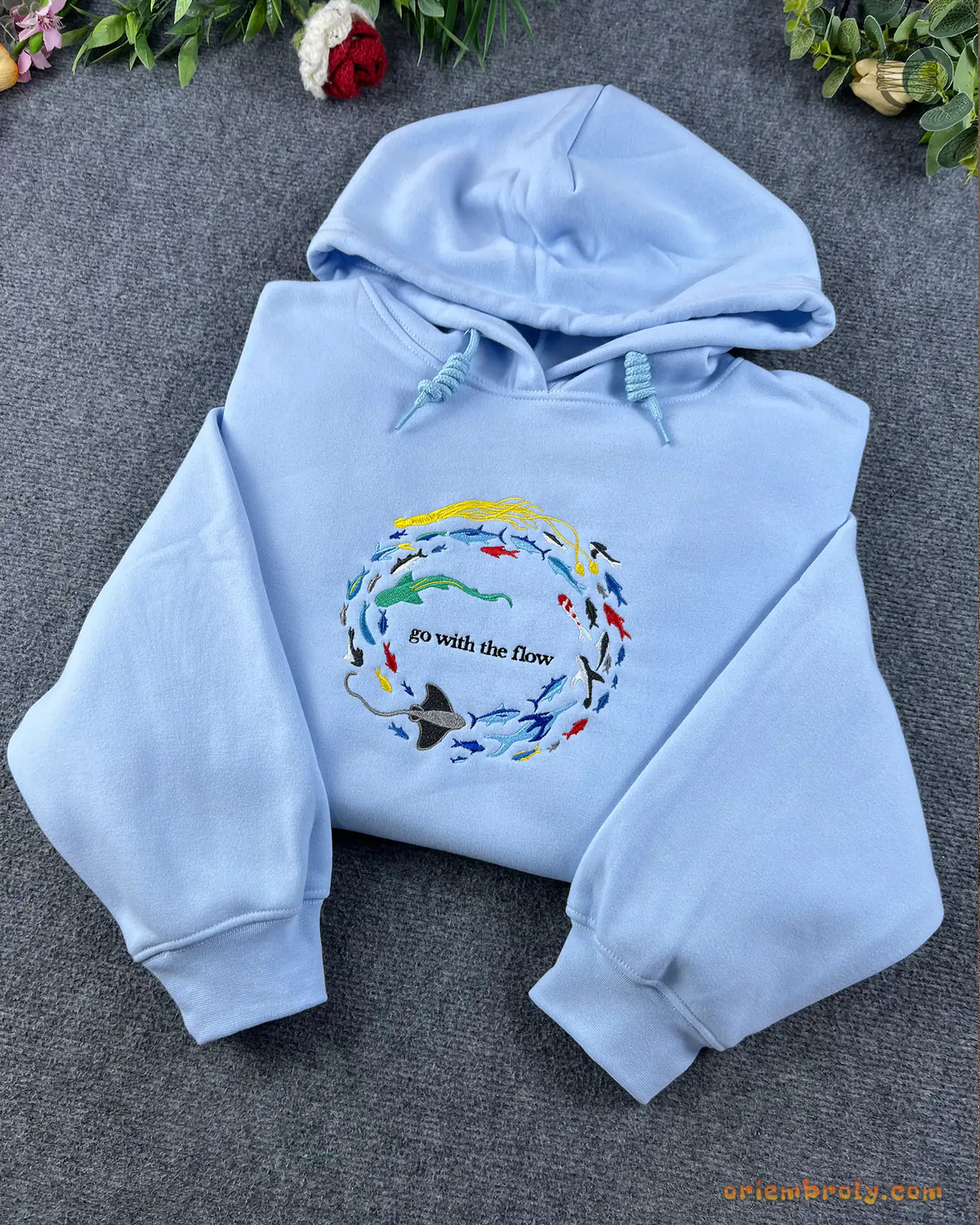 Go With The Flow Marine Life Sea Turtle Manta Ray Embroidered Light Blue Hoodie