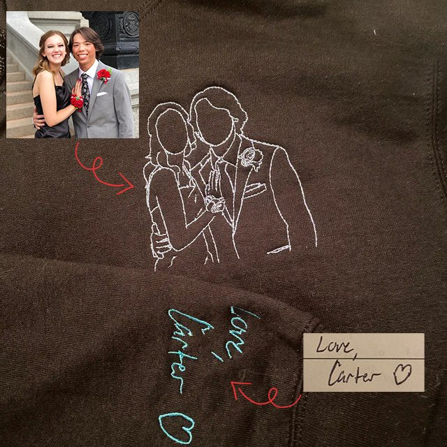 Personalised Hoodie, Anniversary Couple Gift, Portrait Handwriting Embroidered Sweatshirt - Oriembroly LLC