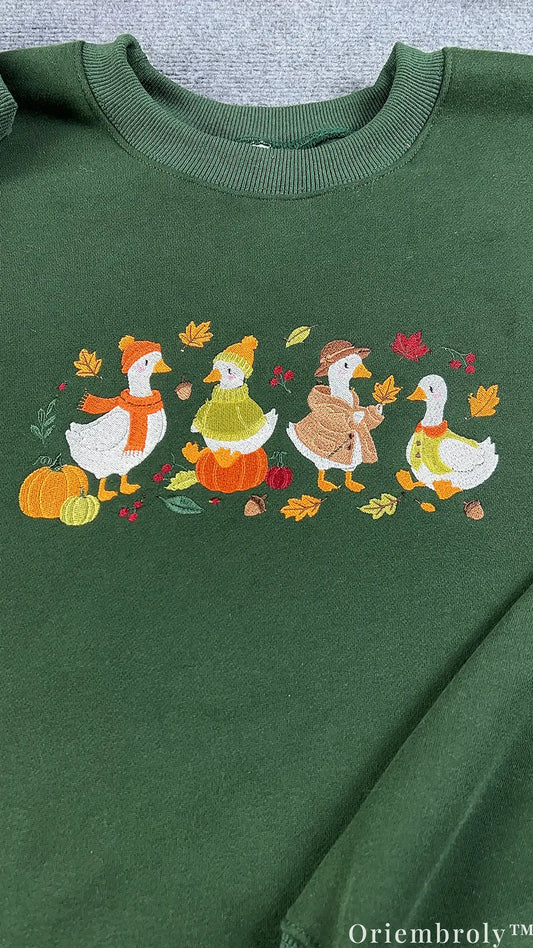 Autumn Ducklings Pumpkin Patch Embroidered Crewneck Sweatshirt