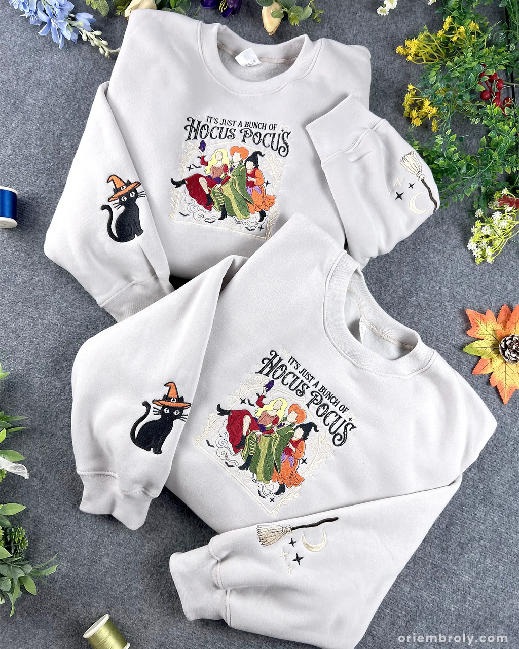 Halloween Embroidered Crewneck Sweatshirt Vintage Witch-Inspired Chest & Sleeve Design Unisex Oversized Pullover