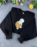 Friendly Ghost Orange Pumpkin Halloween Embroidered Black Crewneck Sweatshirt