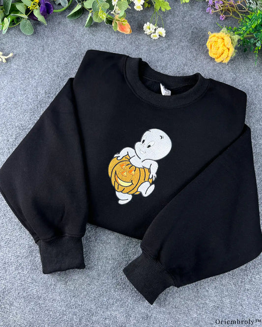 Friendly Ghost Orange Pumpkin Halloween Embroidered Black Crewneck Sweatshirt