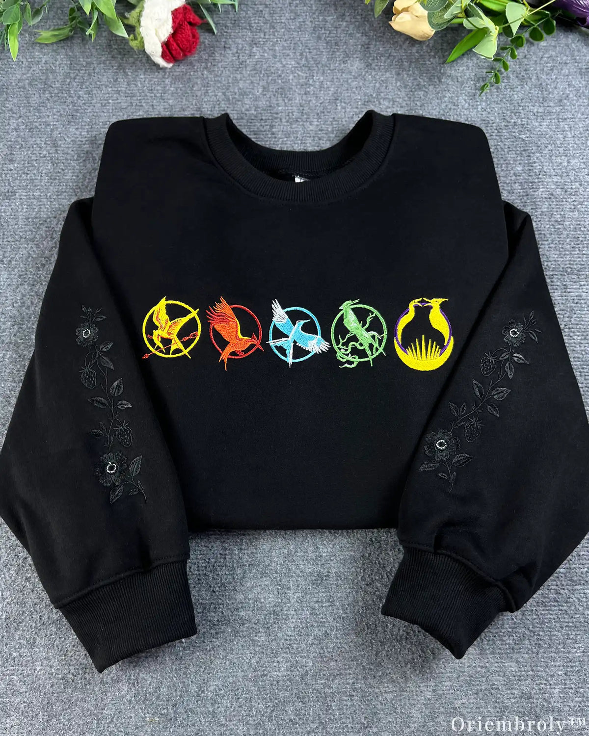 Dark Fantasy Mockingjay Emblem Embroidered Black Crewneck Sweatshirt