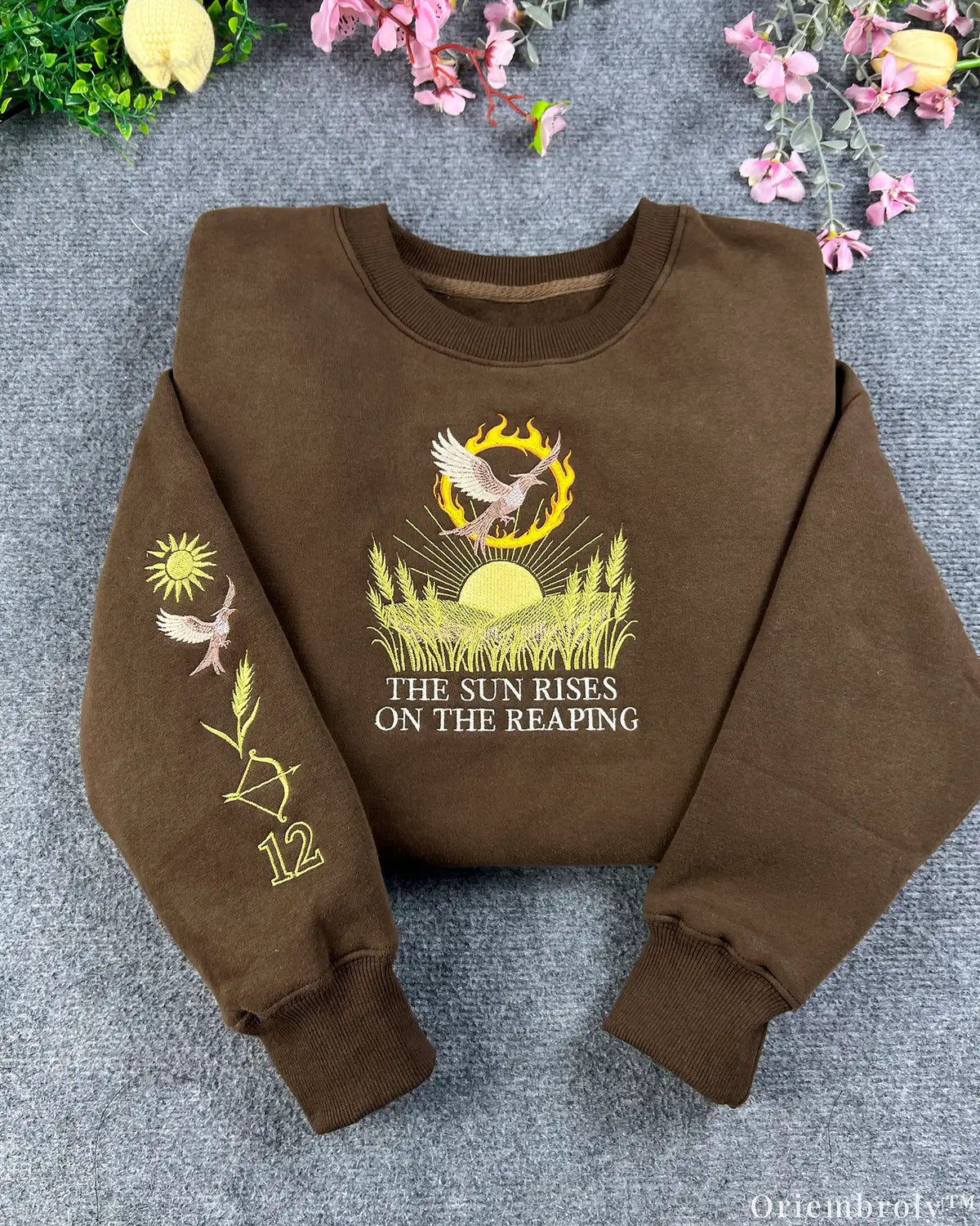 Fiery Bird Sunrise Reaping Crest Embroidered Crewneck Sweatshirt