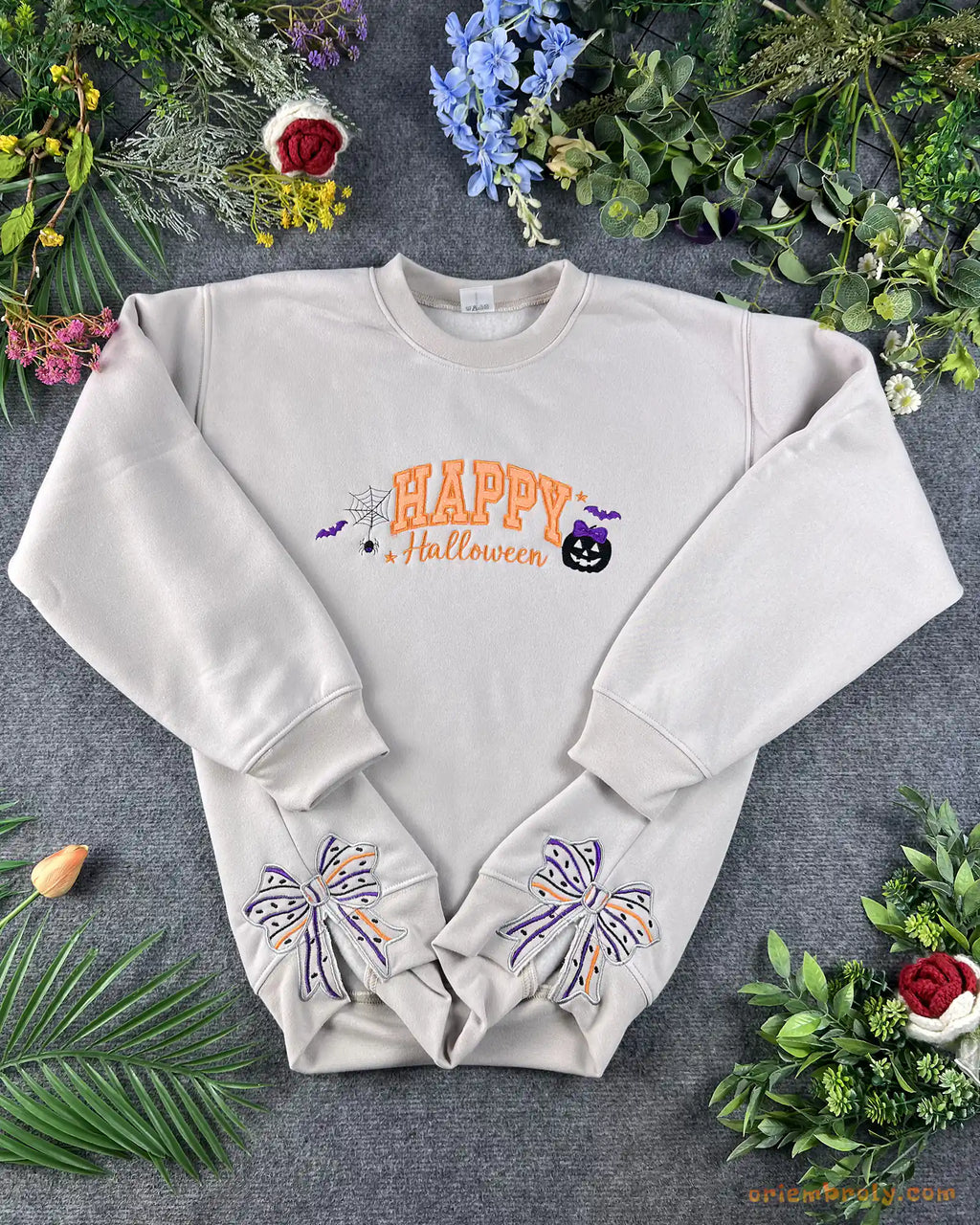 Happy Halloween Bows Embroidered Sand Crewneck Sweatshirt