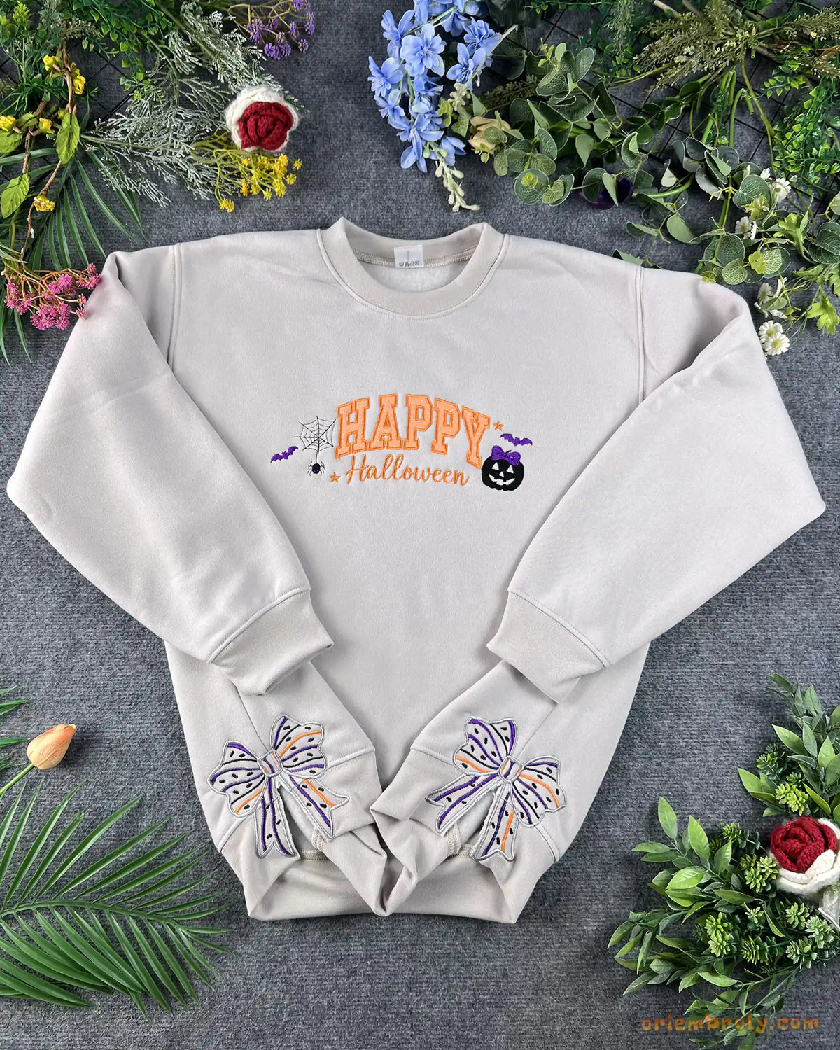 Happy Halloween Bows Embroidered Sand Crewneck Sweatshirt