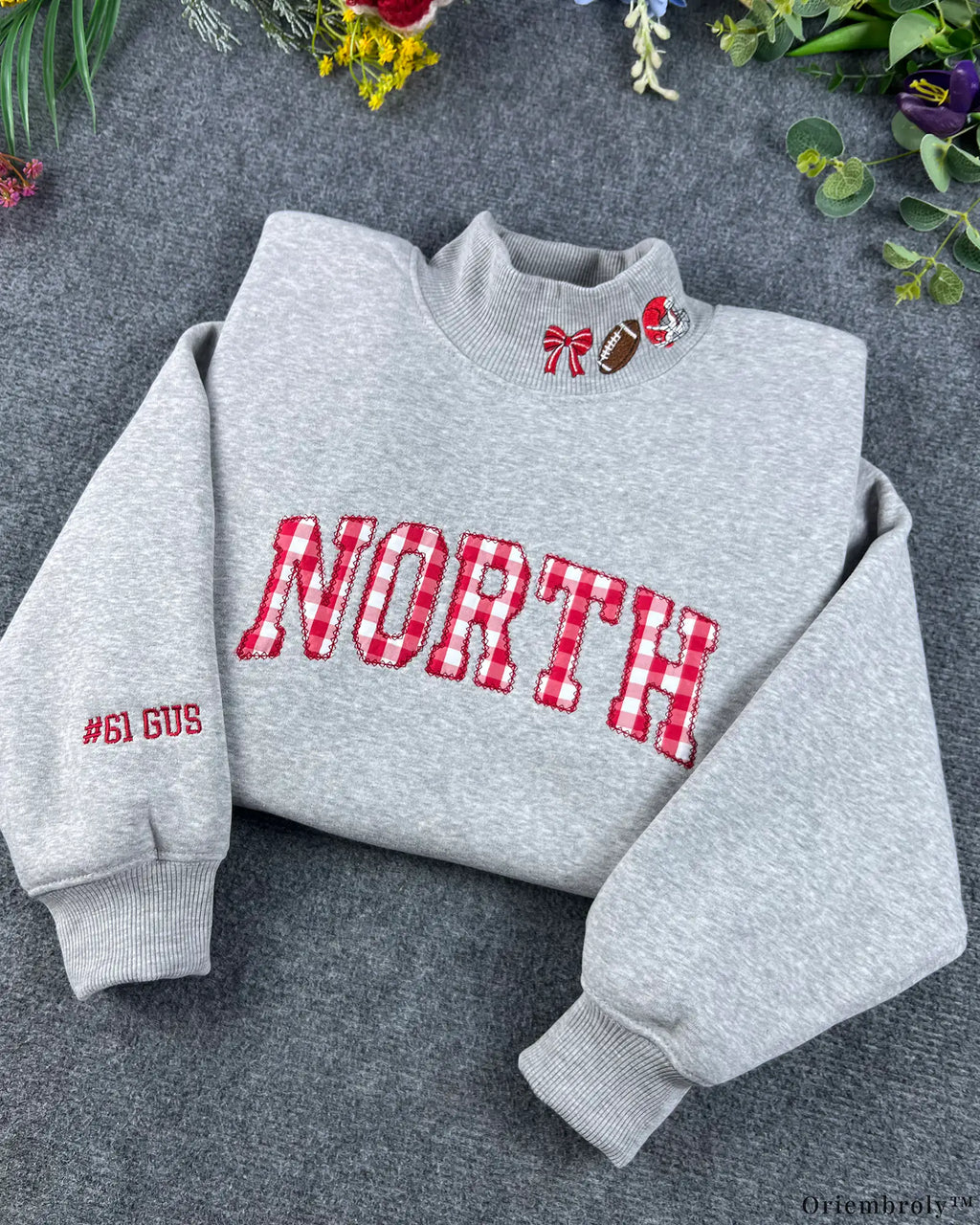 Custom Gingham Plaid Applique Football Embroidered Light Grey Mock Neck Sweatshirt