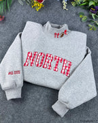 Custom Gingham Plaid Applique Football Embroidered Light Grey Mock Neck Sweatshirt