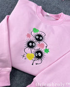 Studio Ghibli Soot Sprite Embroidered Sweatshirt – Cute Anime Crewneck Pink