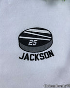 Custom Hockey Puck Embroidered Sweatshirt, Personalized Name Number Crewneck, Hockey Player Gift, Hockey Mom Sweater