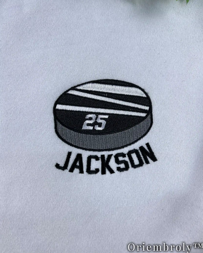 Custom Hockey Puck Embroidered Sweatshirt, Personalized Name Number Crewneck, Hockey Player Gift, Hockey Mom Sweater
