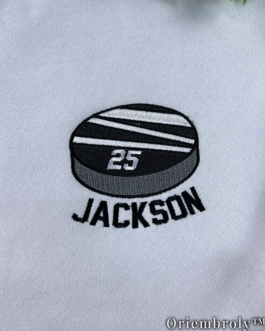 Custom Hockey Puck Embroidered Sweatshirt, Personalized Name Number Crewneck, Hockey Player Gift, Hockey Mom Sweater