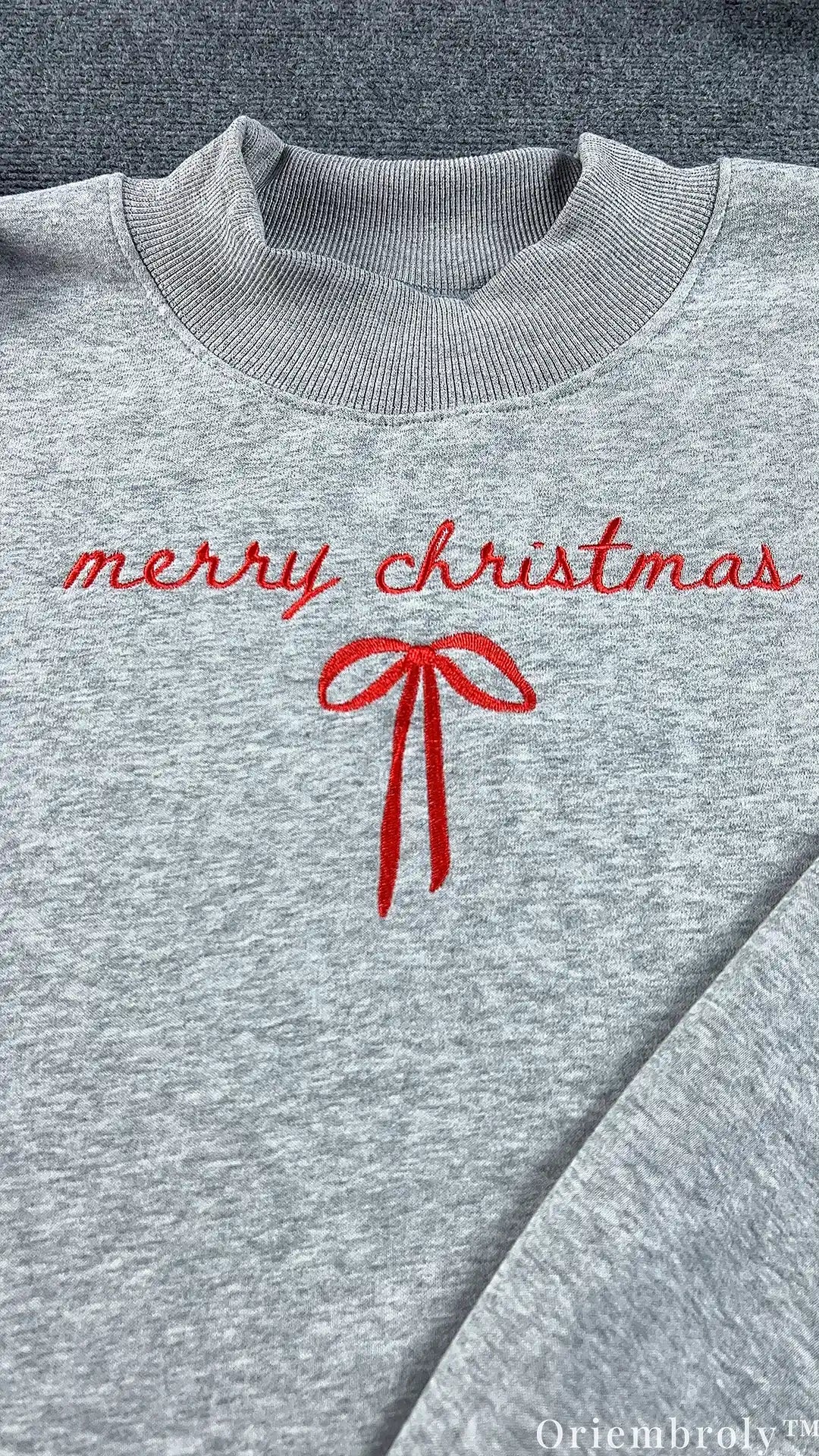 Merry Christmas Script Ribbon Bow Embroidered Mock-Neck Sweatshirt