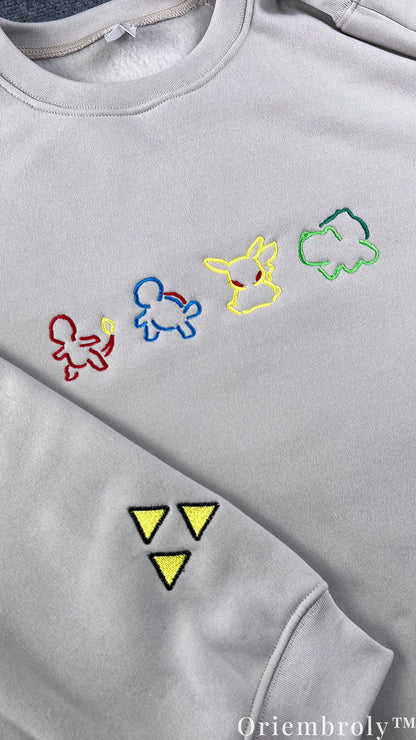Minimalist Pokemon Kanto Starters Embroidered Sweatshirt – Pikachu Anime Cream Crewneck