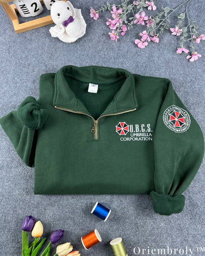 Resident Evil Umbrella Corp UBCS Embroidered Quarter Zip – Biohazard Tactical Pullover