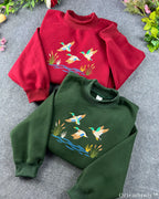 Mallard Ducks Lake Marshland Embroidered Mock-Neck Sweatshirt